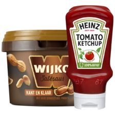 Wijko satésaus kant en klaar 
emmer à 520 gram of Heinz tomato 
ketchup, 50% of zero 
flacon à 400-435 gram/ml